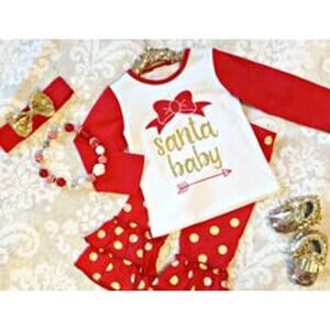 Unbranded Girls PJs Pajamas Set Santa Baby Polka Dot Ruffle Bell Bottoms Sz L